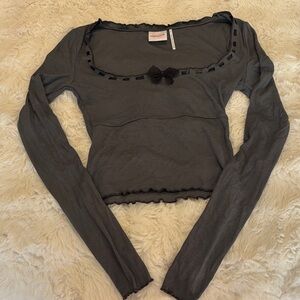 Charcoal Long-Sleeve Scoop Neck Top with Bow Detail